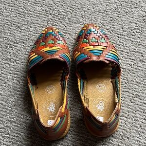 Multicolor Woven Leather Slip-On Sandals - Brown & Teal